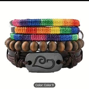 Men's leather bracelets set layered beaded NWT c2‎